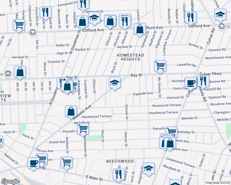 map of restaurants, bars, coffee shops, grocery stores, and more near 500 Webster Avenue in Rochester