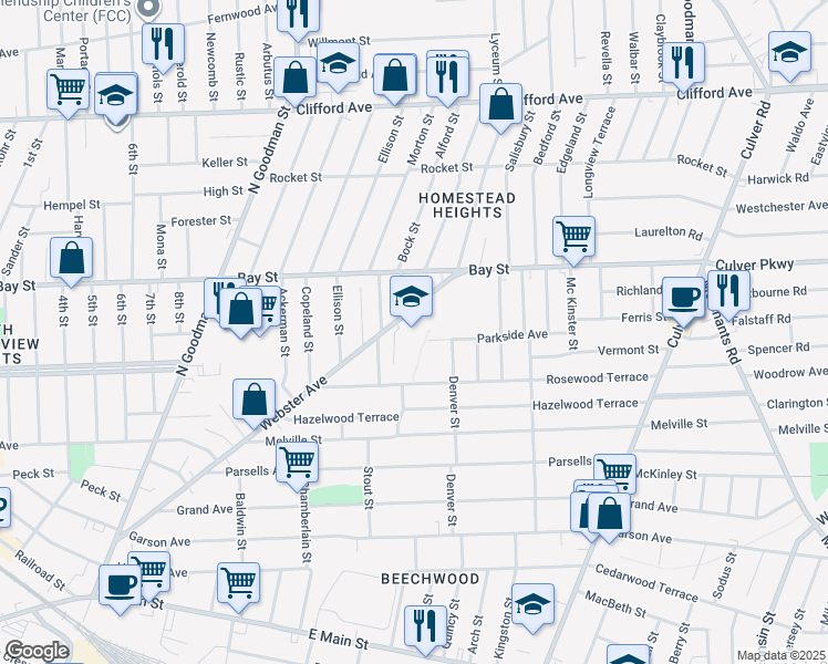 map of restaurants, bars, coffee shops, grocery stores, and more near 500 Webster Avenue in Rochester