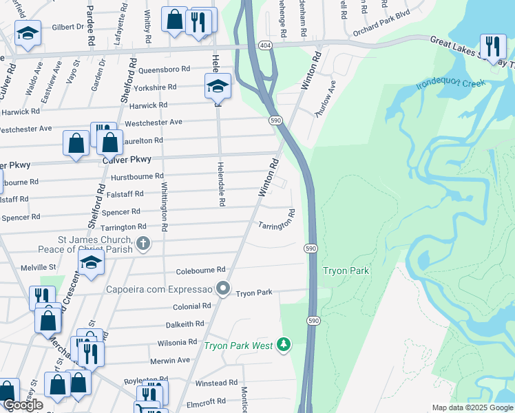 map of restaurants, bars, coffee shops, grocery stores, and more near Winton Road North & Spencer Road in Irondequoit