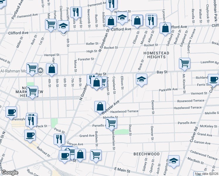 map of restaurants, bars, coffee shops, grocery stores, and more near 97 Copeland Street in Rochester