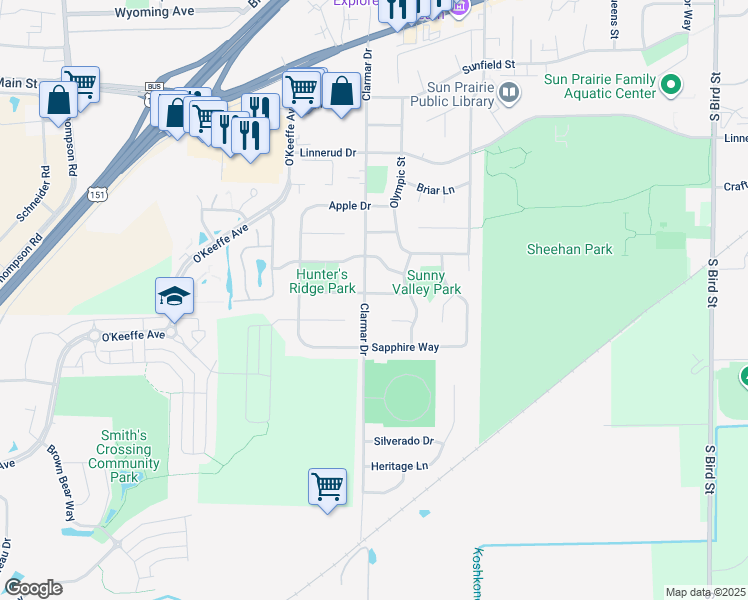 map of restaurants, bars, coffee shops, grocery stores, and more near 1616 Rustic Drive in Sun Prairie