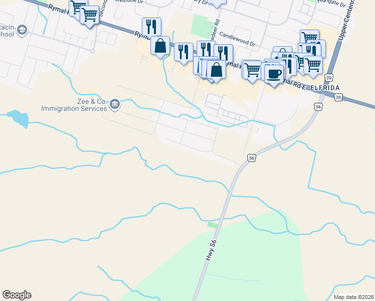 map of restaurants, bars, coffee shops, grocery stores, and more near 56 Dolomiti Court in Hamilton