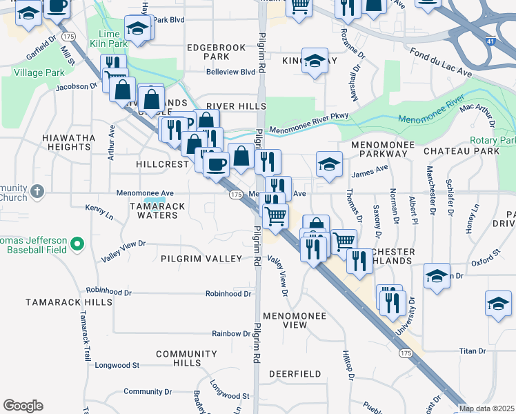 map of restaurants, bars, coffee shops, grocery stores, and more near Appleton Ave & Pilgrim Rd in Menomonee Falls