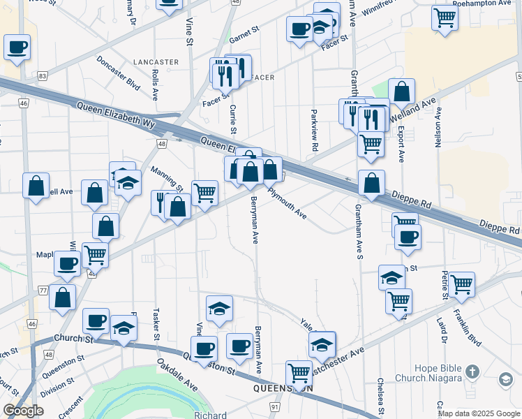 map of restaurants, bars, coffee shops, grocery stores, and more near 4 Lancaster Avenue in St. Catharines