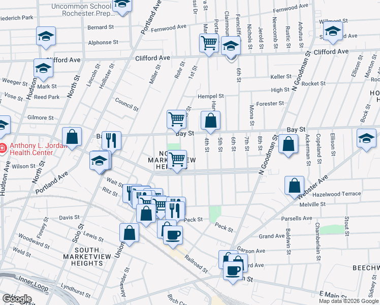 map of restaurants, bars, coffee shops, grocery stores, and more near 171 3rd Street in Rochester