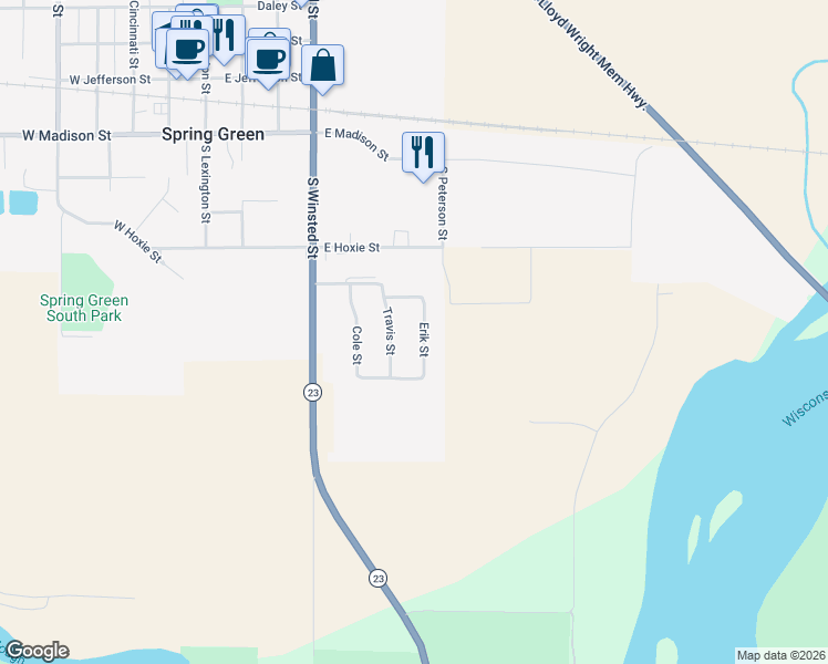map of restaurants, bars, coffee shops, grocery stores, and more near 724 Erik Street in Spring Green