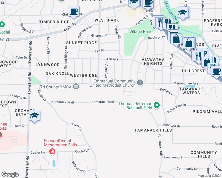 map of restaurants, bars, coffee shops, grocery stores, and more near N84 W17049 Menomonee Avenue in Menomonee Falls