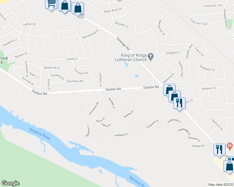 map of restaurants, bars, coffee shops, grocery stores, and more near 3806 Holdborn Court in Baldwinsville
