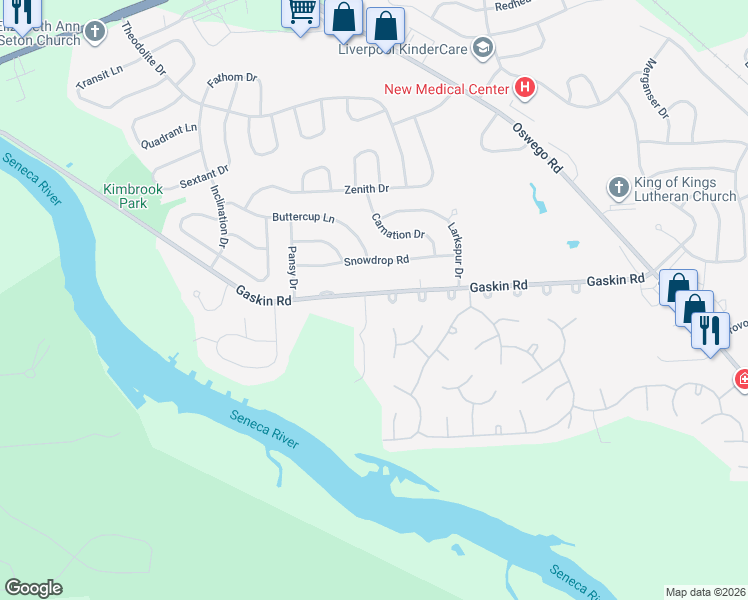 map of restaurants, bars, coffee shops, grocery stores, and more near 3706D Henley Court in Baldwinsville