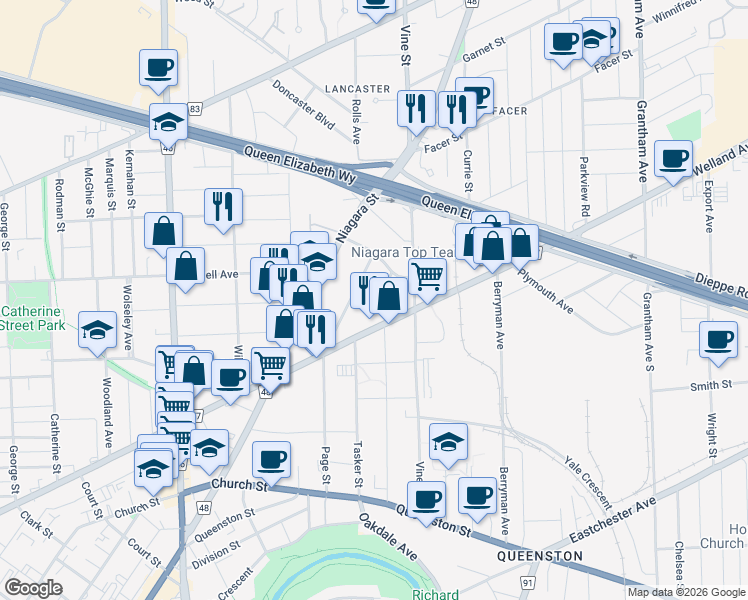 map of restaurants, bars, coffee shops, grocery stores, and more near in St. Catharines
