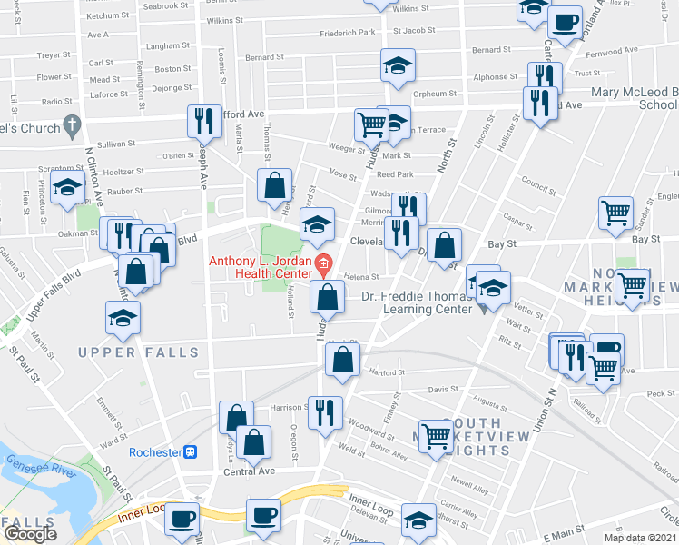 map of restaurants, bars, coffee shops, grocery stores, and more near 4 Helena Street in Rochester