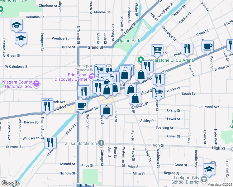 map of restaurants, bars, coffee shops, grocery stores, and more near 66 Main Street in Lockport