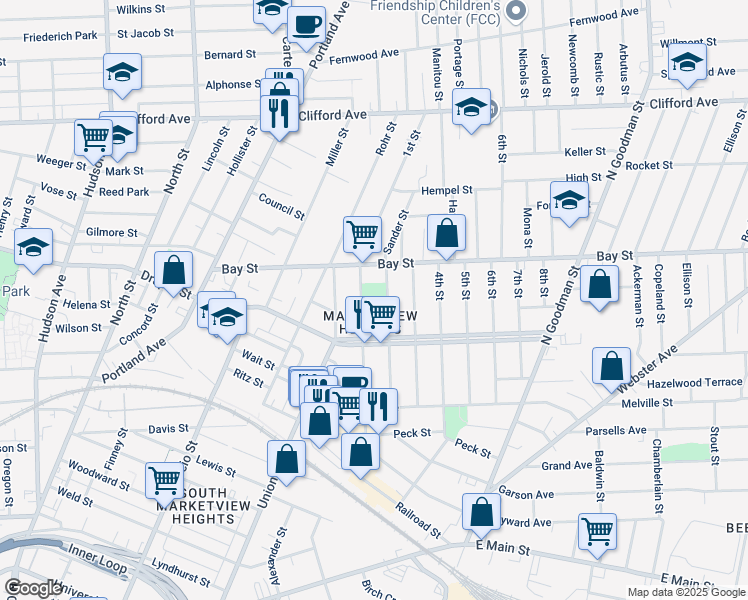 map of restaurants, bars, coffee shops, grocery stores, and more near 1st Street in Rochester