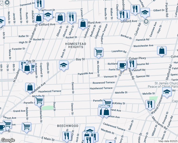 map of restaurants, bars, coffee shops, grocery stores, and more near 296 Greeley Street in Rochester