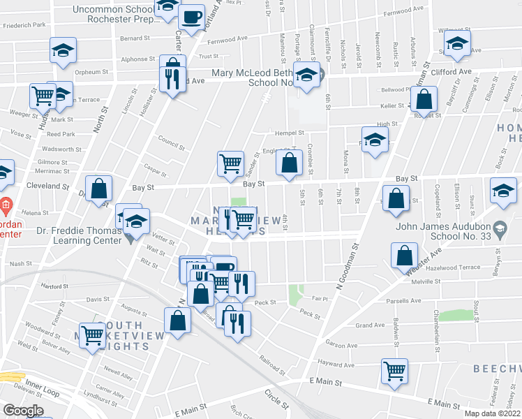 map of restaurants, bars, coffee shops, grocery stores, and more near 171 3rd Street in Rochester