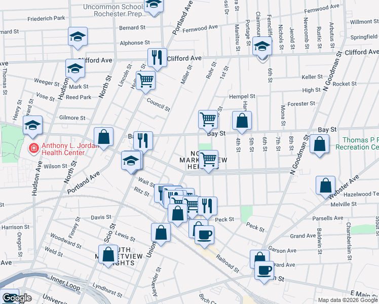 map of restaurants, bars, coffee shops, grocery stores, and more near 54 Niagara Street in Rochester