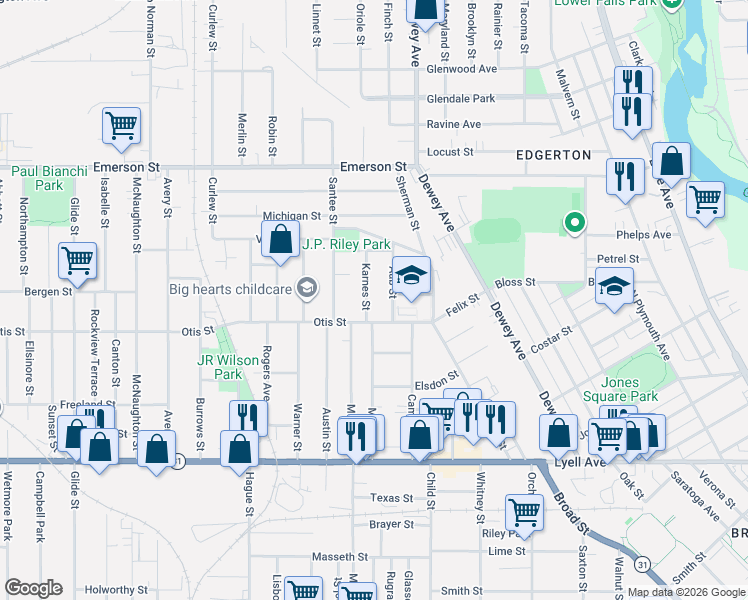 map of restaurants, bars, coffee shops, grocery stores, and more near 48 Karnes Street in Rochester