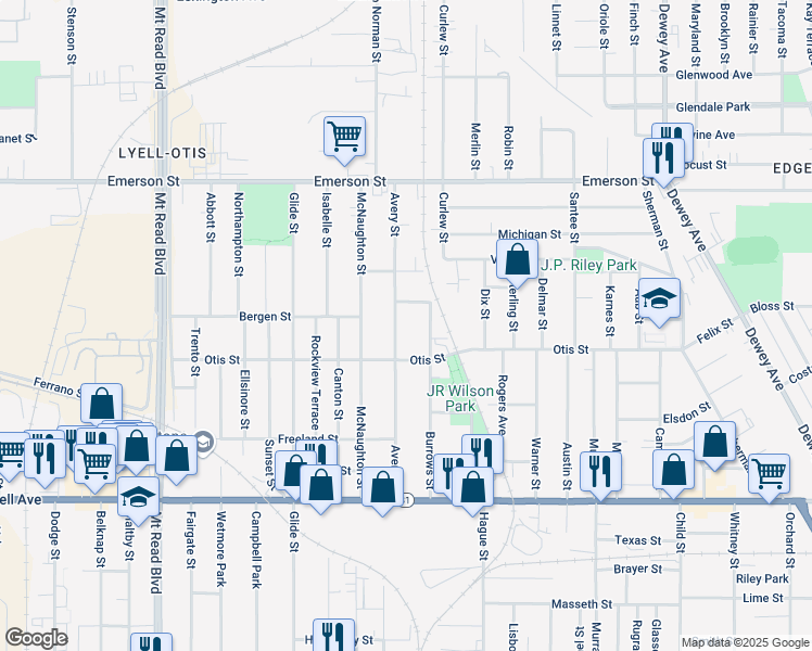 map of restaurants, bars, coffee shops, grocery stores, and more near 253 Burrows Street in Rochester