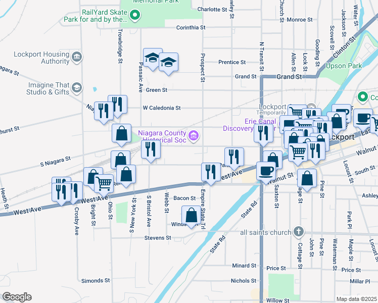 map of restaurants, bars, coffee shops, grocery stores, and more near 240 Niagara Street in Lockport