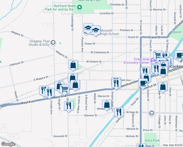 map of restaurants, bars, coffee shops, grocery stores, and more near 276 Niagara Street in Lockport