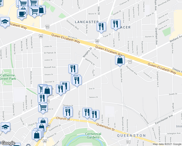 map of restaurants, bars, coffee shops, grocery stores, and more near in St. Catharines