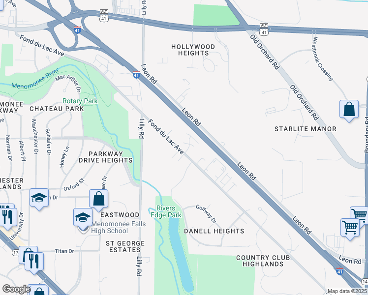 map of restaurants, bars, coffee shops, grocery stores, and more near N83W13606 Fond du Lac Avenue in Menomonee Falls