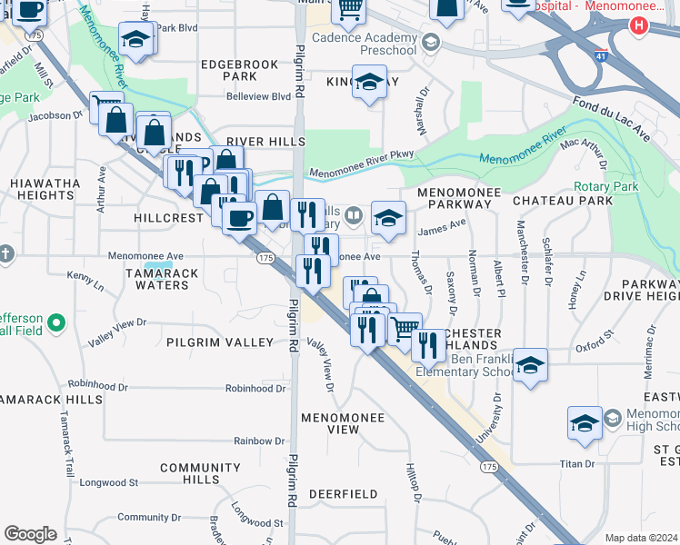 map of restaurants, bars, coffee shops, grocery stores, and more near N84W15467 Menomonee Avenue in Menomonee Falls