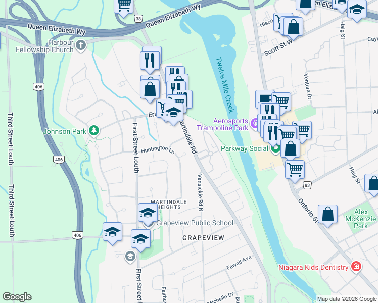 map of restaurants, bars, coffee shops, grocery stores, and more near 9 Sutton Court in St. Catharines