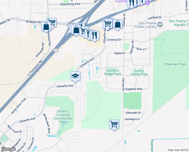 map of restaurants, bars, coffee shops, grocery stores, and more near 998 Hunters Trail in Sun Prairie