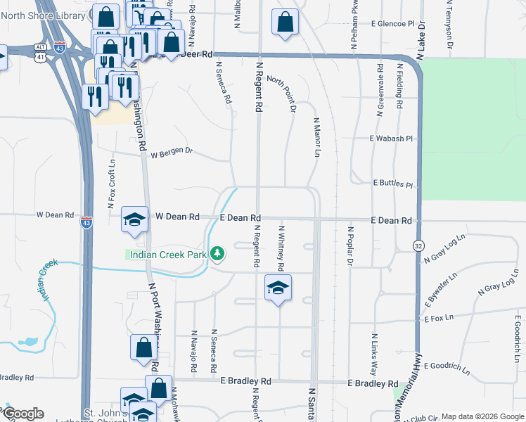 map of restaurants, bars, coffee shops, grocery stores, and more near 312 East Dean Road in Fox Point