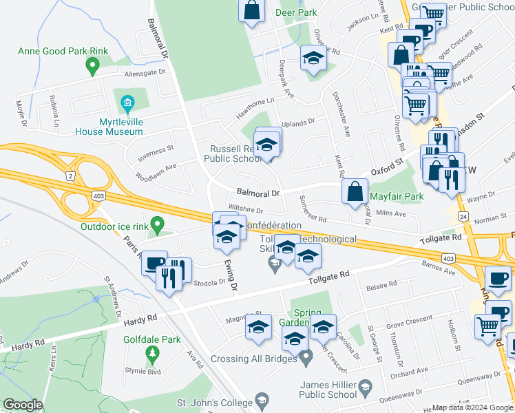 map of restaurants, bars, coffee shops, grocery stores, and more near 26 Wiltshire Drive in Brantford