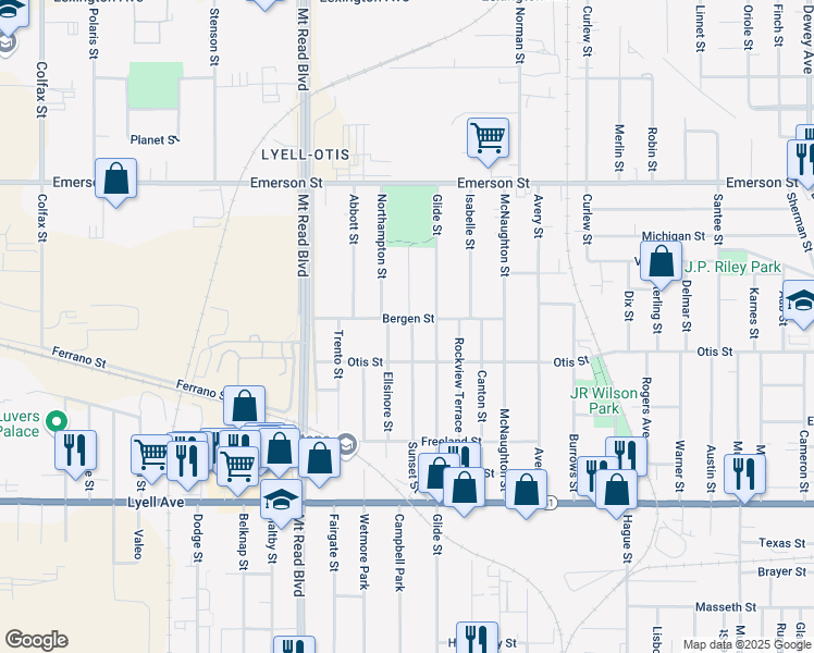 map of restaurants, bars, coffee shops, grocery stores, and more near 280 Sunset Street in Rochester