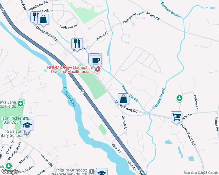 map of restaurants, bars, coffee shops, grocery stores, and more near Centennial Drive in Dover