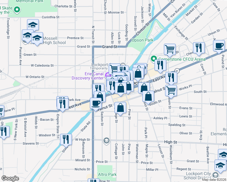 map of restaurants, bars, coffee shops, grocery stores, and more near 1 Niagara Street in Lockport