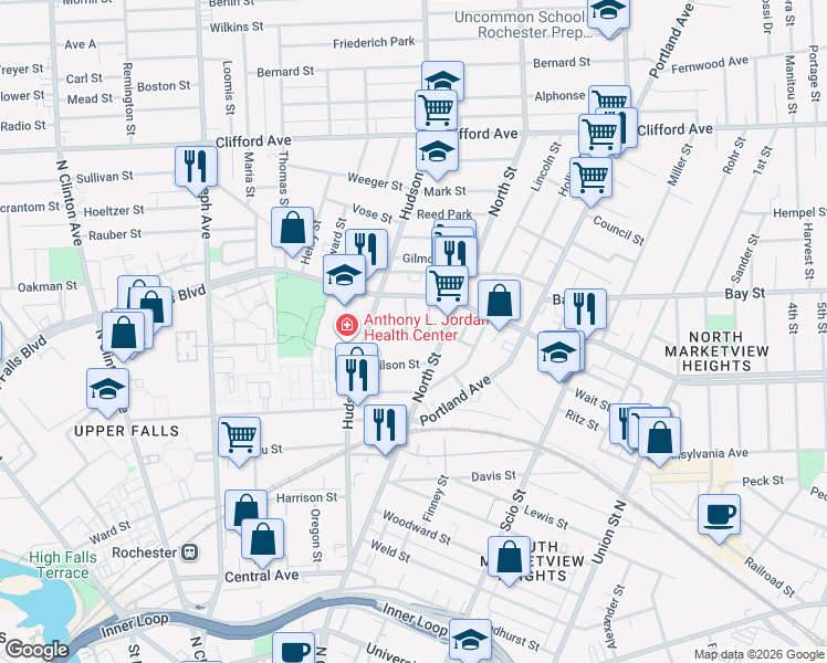 map of restaurants, bars, coffee shops, grocery stores, and more near in Rochester