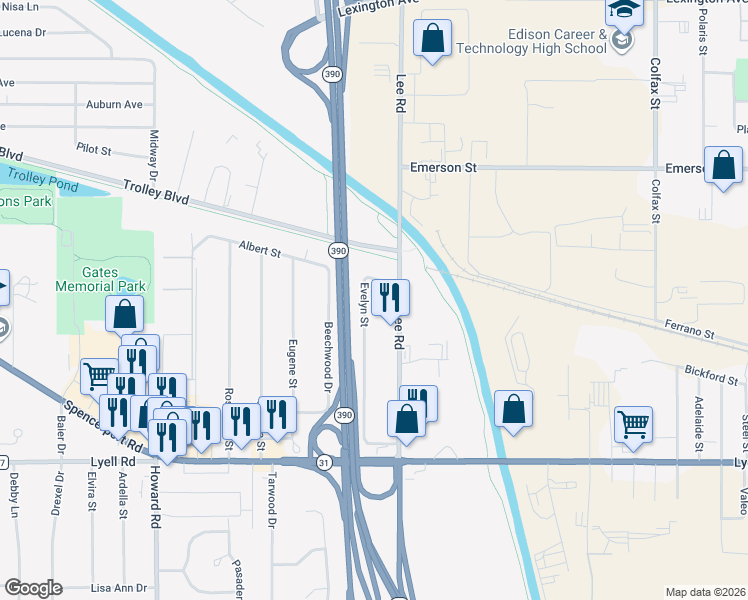 map of restaurants, bars, coffee shops, grocery stores, and more near 36 Evelyn Street in Rochester