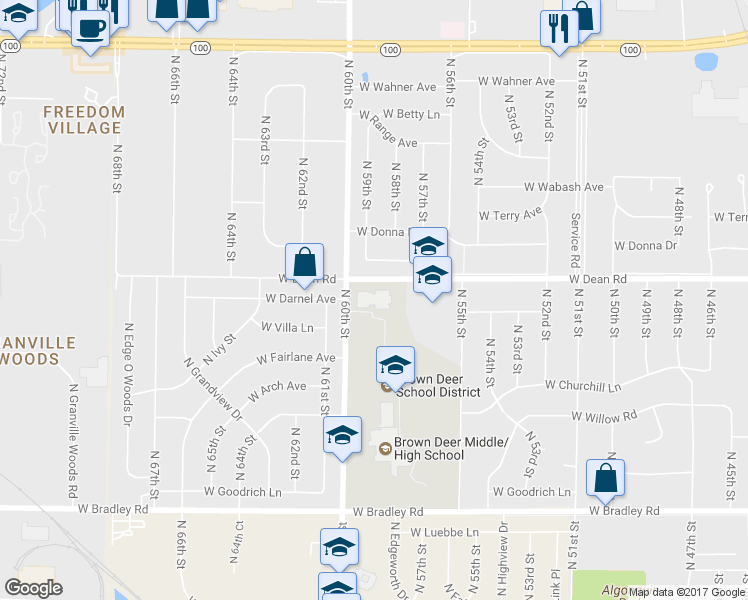 map of restaurants, bars, coffee shops, grocery stores, and more near 5757 West Dean Road in Brown Deer