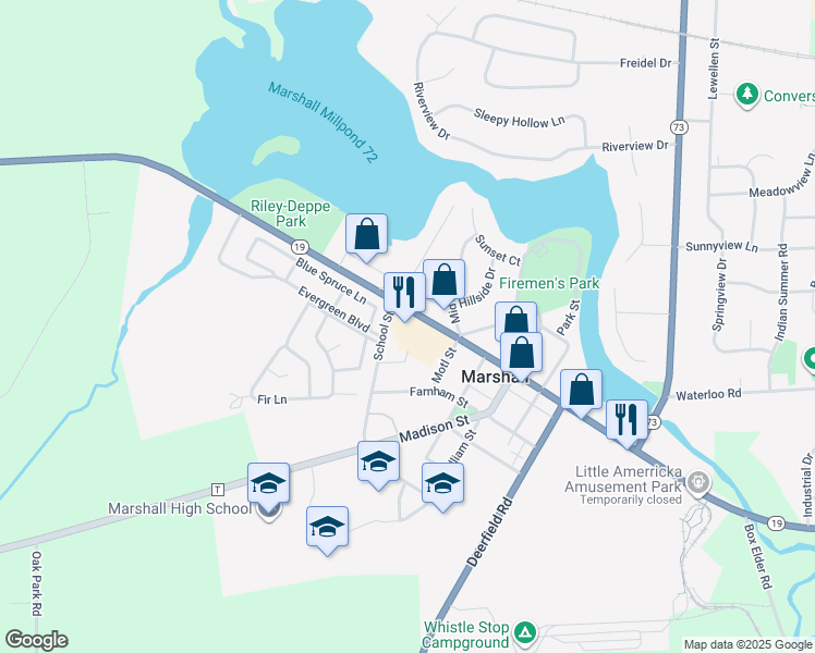 map of restaurants, bars, coffee shops, grocery stores, and more near 504 Plaza Drive in Marshall