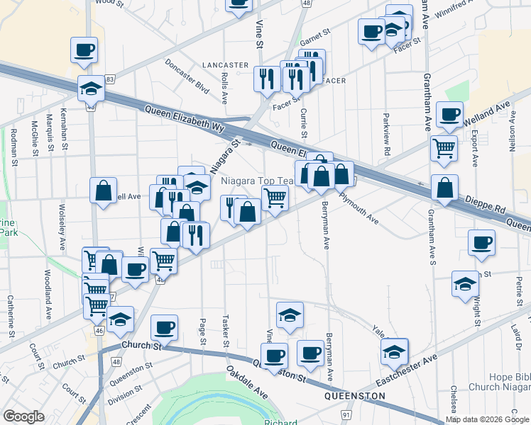 map of restaurants, bars, coffee shops, grocery stores, and more near 141 Vine Street South in St. Catharines