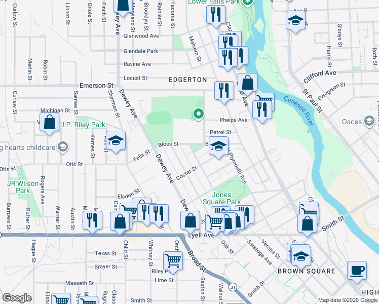 map of restaurants, bars, coffee shops, grocery stores, and more near 245 Saratoga Avenue in Rochester