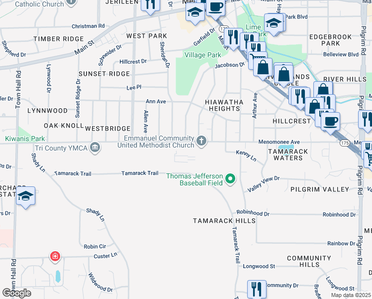 map of restaurants, bars, coffee shops, grocery stores, and more near N84W16889 Menomonee Avenue in Menomonee Falls