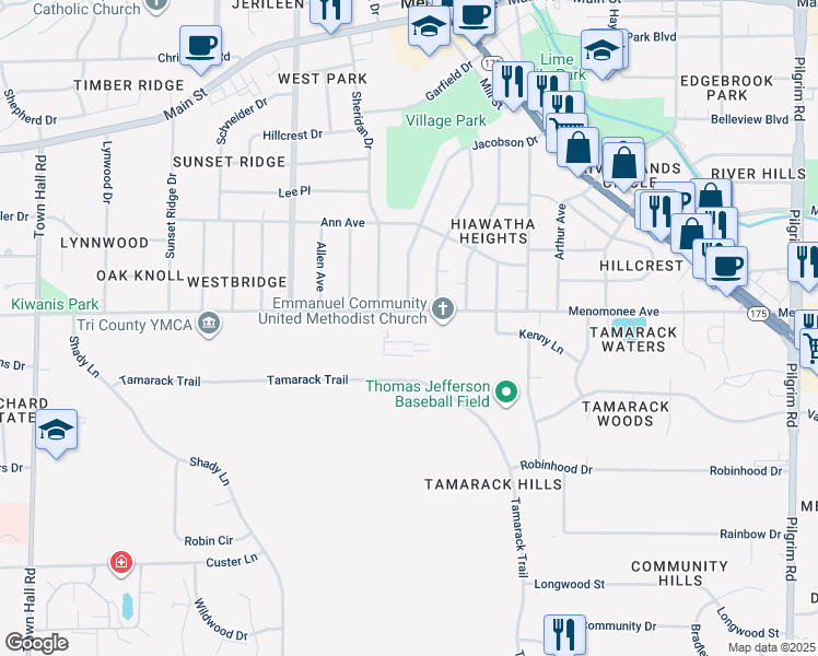 map of restaurants, bars, coffee shops, grocery stores, and more near N84W16889 Menomonee Avenue in Menomonee Falls