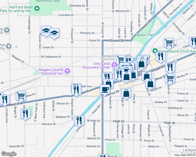 map of restaurants, bars, coffee shops, grocery stores, and more near 82 Niagara Street in Lockport