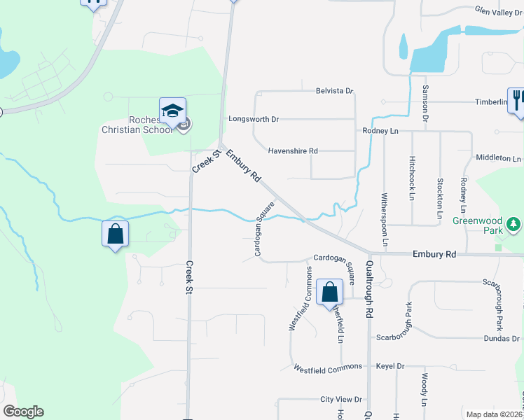 map of restaurants, bars, coffee shops, grocery stores, and more near 385 Embury Road in Rochester