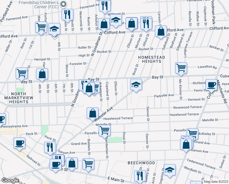 map of restaurants, bars, coffee shops, grocery stores, and more near 66 Ellison Street in Rochester