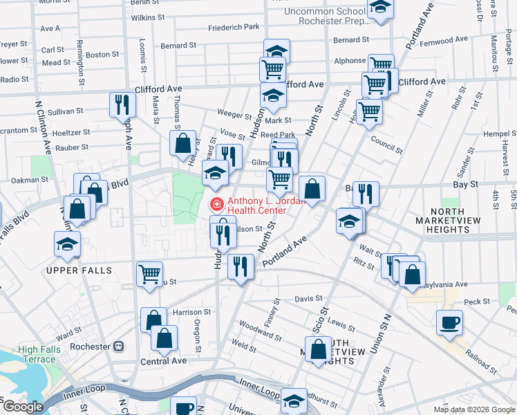 map of restaurants, bars, coffee shops, grocery stores, and more near in Rochester