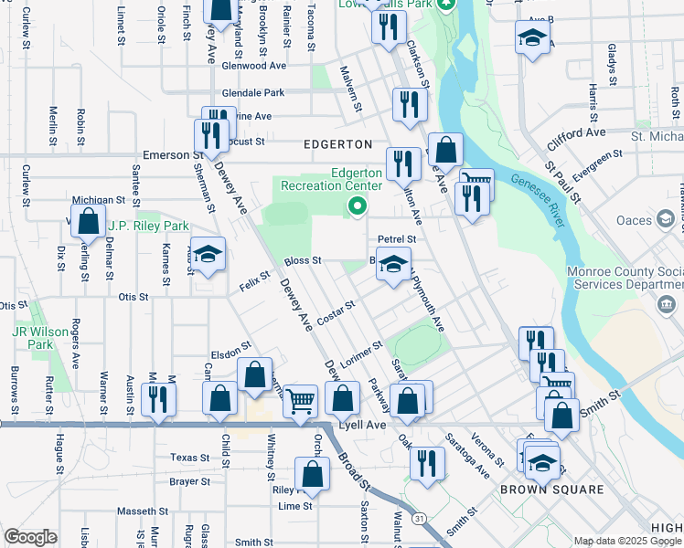 map of restaurants, bars, coffee shops, grocery stores, and more near 245 Saratoga Avenue in Rochester