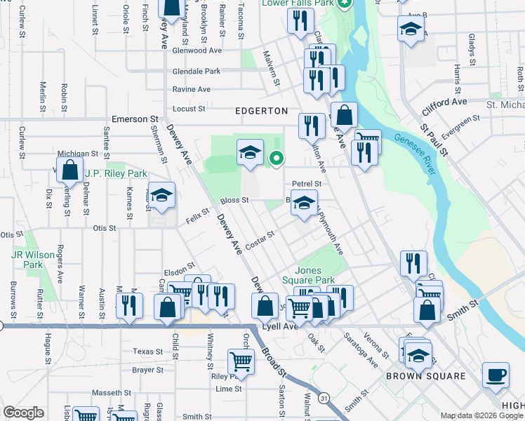 map of restaurants, bars, coffee shops, grocery stores, and more near 245 Saratoga Avenue in Rochester
