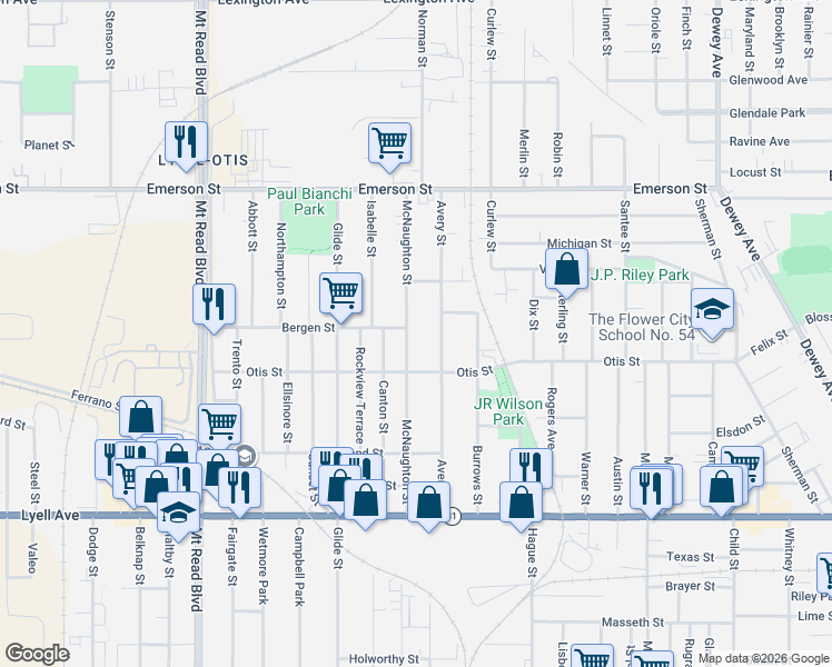 map of restaurants, bars, coffee shops, grocery stores, and more near 253 Avery Street in Rochester