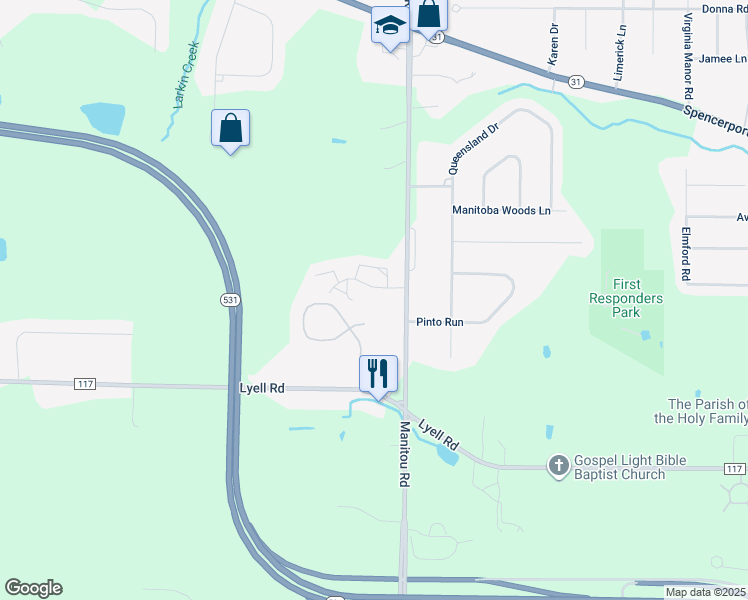 map of restaurants, bars, coffee shops, grocery stores, and more near 117 Jordache Lane in Spencerport